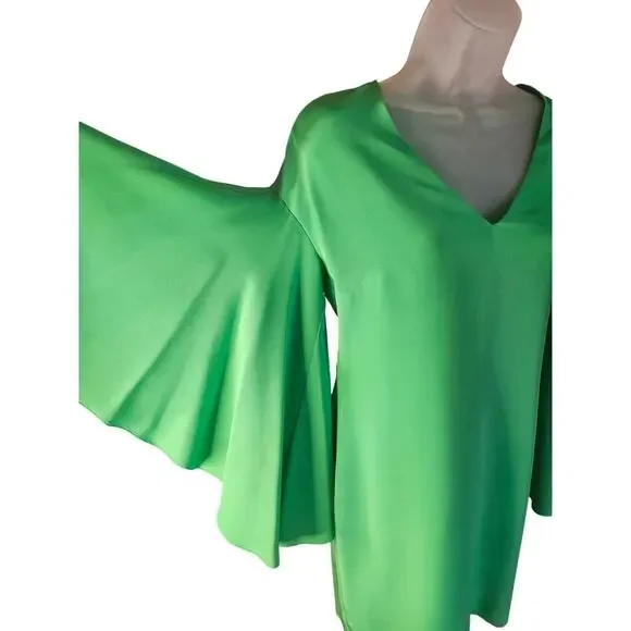Ralph Lauren Green Shift Dress Sz 4 3/4 length Bell Sleeves V Neck - Picture 4 of 9